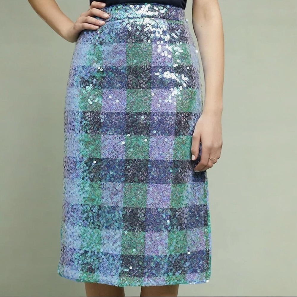 Anthropologie Maeve Sequin Plaid Palette Blue Skirt NWT - Picture 2 of 15